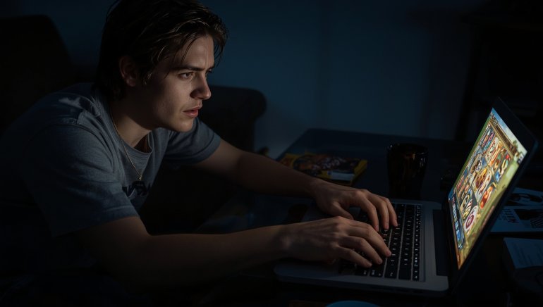 a problem gambler at a laptop playing online video slots